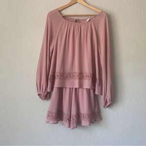 B SHARP 💖 Pink Long Sleeve Blouse with Lace Trim Romper Size Small